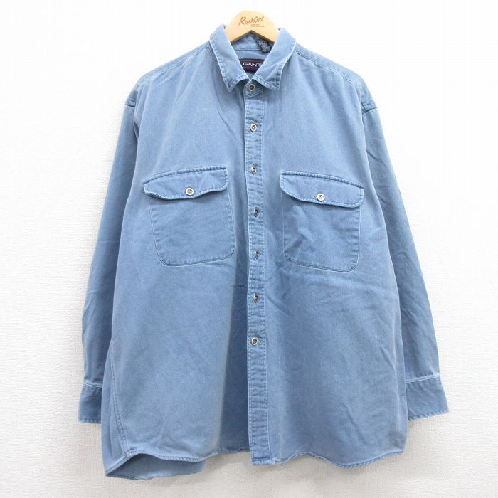 XL★古着 GANT 長袖 シャツ メンズ 90年代 90s 大きいサイズ コットン 薄紺 ネイビー デニム 25feb21 中古 トップス