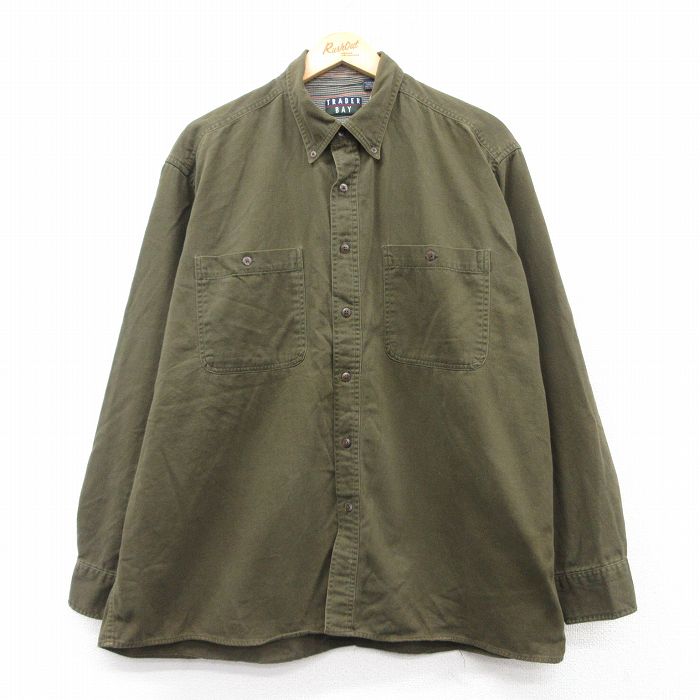 XL★古着 長袖 シャツ メンズ 00年代 00s 大きいサイズ コットン ボタンダウン 濃緑 グリーン デニム 25feb21 中古 トップス