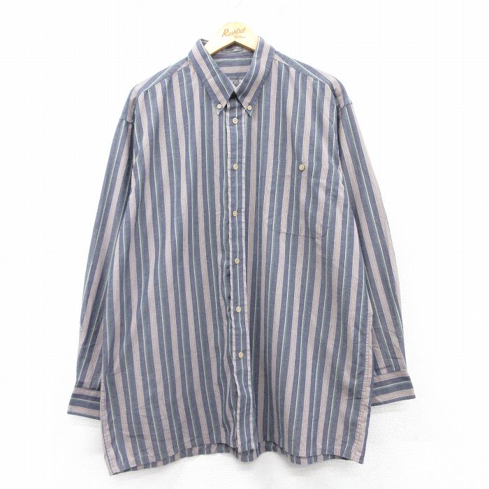 XL★古着 長袖 シャツ メンズ ボタンダウン 紺他 ネイビー ストライプ 25feb21 中古 トップス