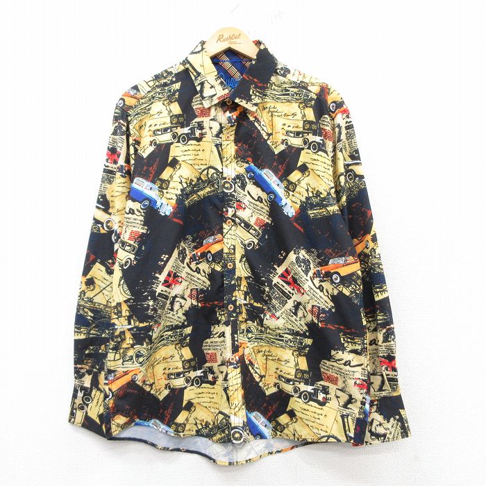 L★古着 長袖 シャツ メンズ 車 ホットロッド HOT ROD ロング丈 黄他 イエロー 【spe】 25feb22 中古 トップス