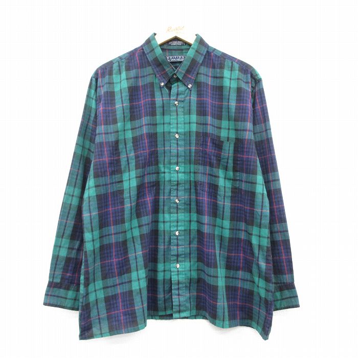 【50%OFF】XL★古着 バンヒューセン 長袖 シャツ メンズ 90年代 90s ボタンダウン 緑他 グリーン チェック 25feb22 中古 トップス