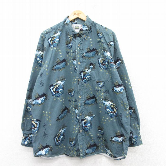 XL★古着 長袖 シャツ メンズ 00年代 00s 魚 ロング丈 コットン ボタンダウン 紺他 ネイビー 25feb22 中古 トップス