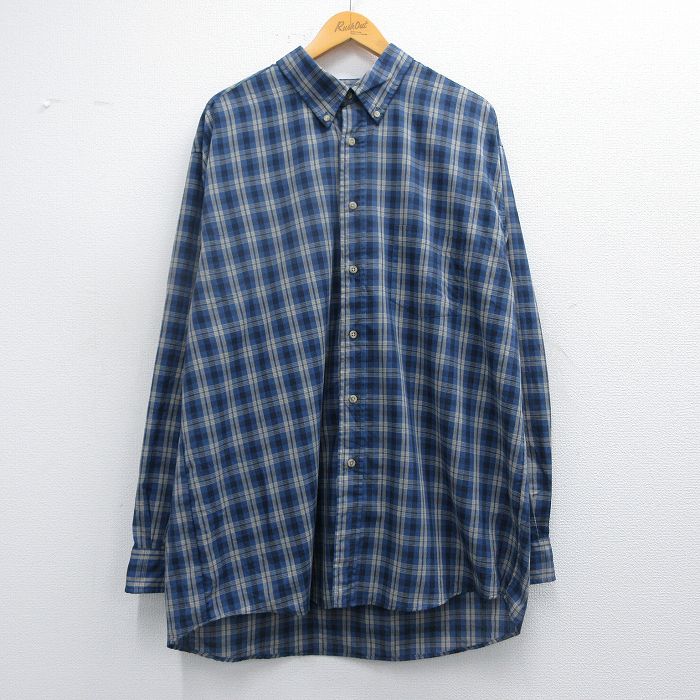 XL★古着 長袖 シャツ メンズ 90年代 90s 大きいサイズ ロング丈 ボタンダウン 紺他 ネイビー チェック 25feb22 中古 トップス