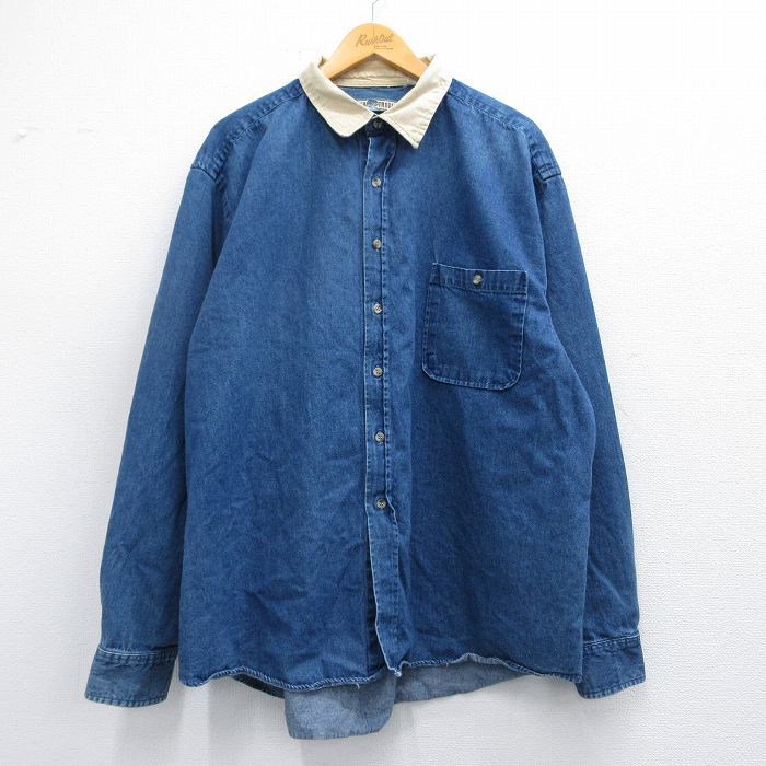 XL★古着 長袖 シャツ メンズ 大きいサイズ コットン 紺他 ネイビー デニム 【spe】 25feb22 中古 トップス