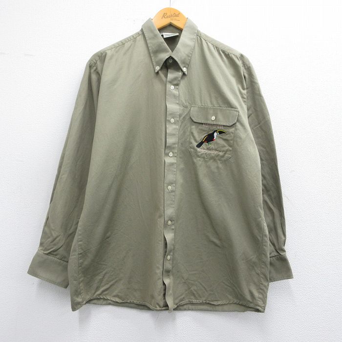 【50%OFF】L★古着 長袖 シャツ メンズ レインフォレスト 鳥 コットン ボタンダウン 緑系 グリーン 25feb22 中古 トップス