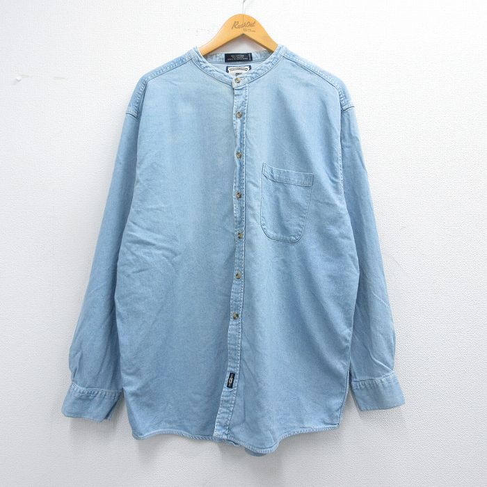 XL★古着 リー Lee 長袖 シャツ メンズ 00年代 00s 大きいサイズ ロング丈 ノーカラー 紺 ネイビー デニム 25feb22 中古 トップス