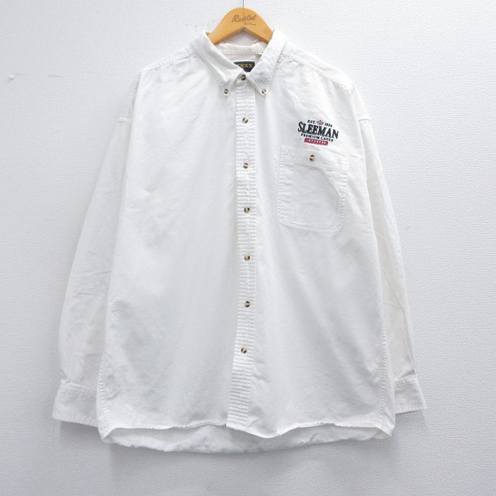 XL★古着 長袖 シャツ メンズ SLEEMAN ビール 大きいサイズ コットン ボタンダウン 白 ホワイト デニム 25feb22 中古 トップス