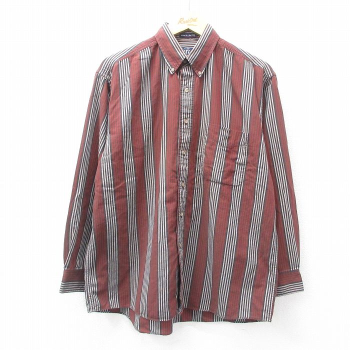XL★古着 バンヒューセン 長袖 シャツ メンズ 90年代 90s コットン ボタンダウン 茶系他 ブラウン ストライプ 25feb25 中古 トップス