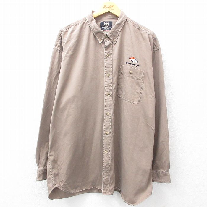 XL★古着 リー Lee 長袖 シャツ メンズ 00年代 00s NFL デンバーブロンコス 大きいサイズ ロング丈 コットン ボタンダウン ベージュ カーキ アメフト スーパーボウル 【spe】 25feb25 中古 トップス