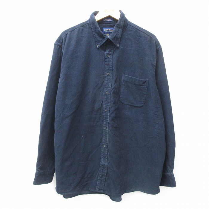 【50%OFF】XL★古着 長袖 シャツ メンズ コーデュロイ ロング丈 コットン ボタンダウン 濃紺 ネイビー 25feb25 中古 トップス