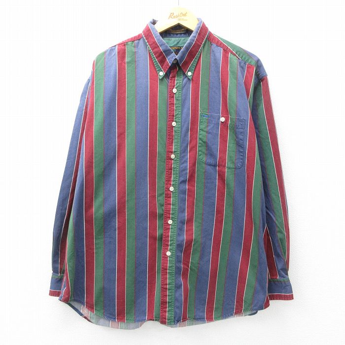 XL★古着 長袖 シャツ メンズ 00年代 00s コットン ボタンダウン 紺他 ネイビー ストライプ 25feb25 中古 トップス