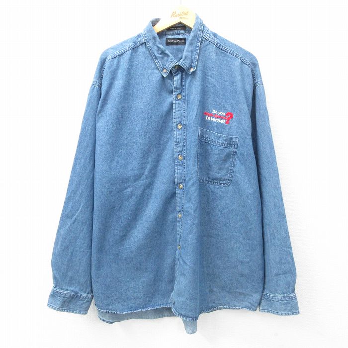 【50%OFF】XL★古着 長袖 シャツ メンズ High Speed 大きいサイズ ロング丈 コットン ボタンダウン 紺 ネイビー デニム 25feb25 中古 トップス