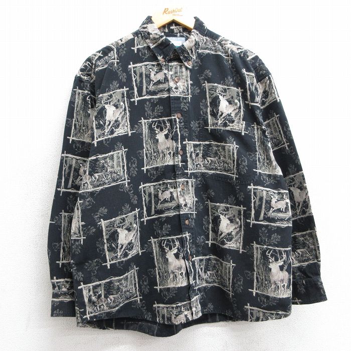 L★古着 長袖 シャツ メンズ シカ 総柄 ボタンダウン 黒他 ブラック 25feb26 中古 トップス