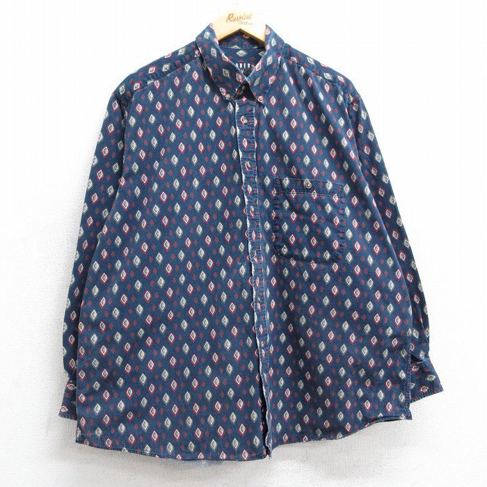 【50%OFF】XL★古着 長袖 シャツ メンズ 00年代 00s 総柄 大きいサイズ コットン ボタンダウン 紺他 ネイビー 25feb26 中古 トップス