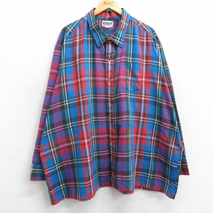 XL★古着 長袖 シャツ メンズ 80年代 80s ロング丈 大きいサイズ USA製 青他 ブルー チェック 25feb26 中古 トップス