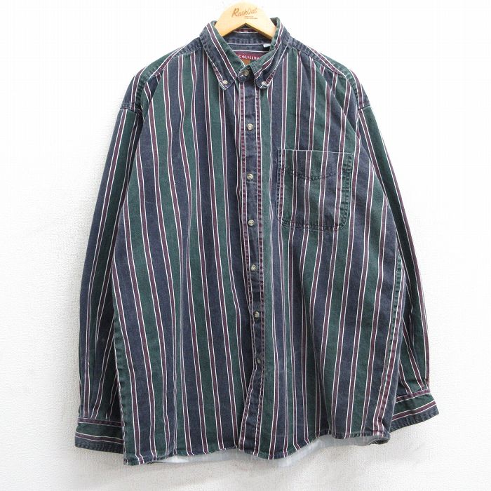 【20%OFF】XL★古着 長袖 シャツ メンズ 90年代 90s ロング丈 大きいサイズ コットン ボタンダウン 緑他 グリーン ストライプ 25feb26 中古 トップス