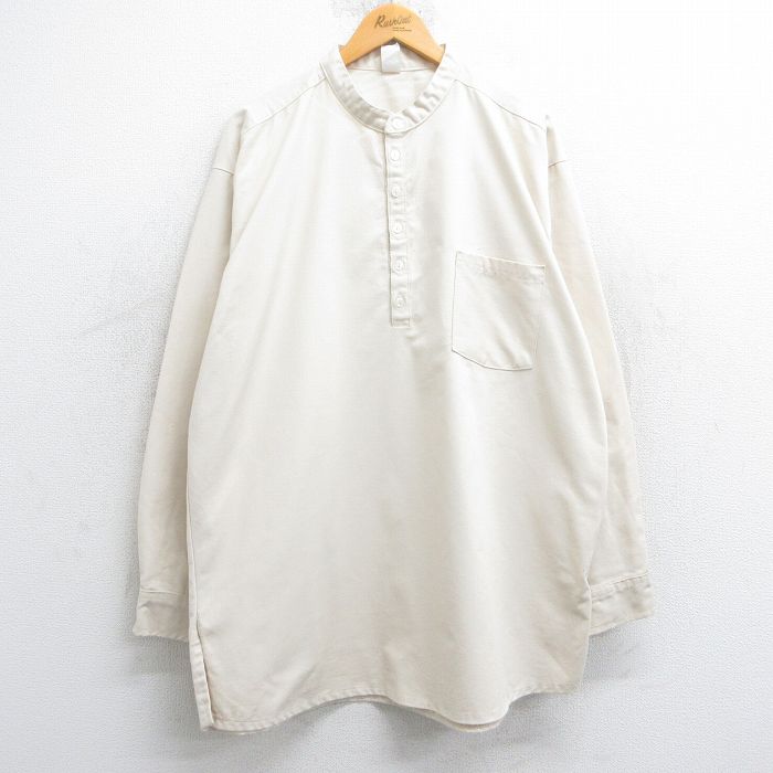 XL★古着 長袖 シャツ メンズ 90年代 90s 大きいサイズ ロング丈 コットン ノーカラー 生成り 25feb26 中古 トップス