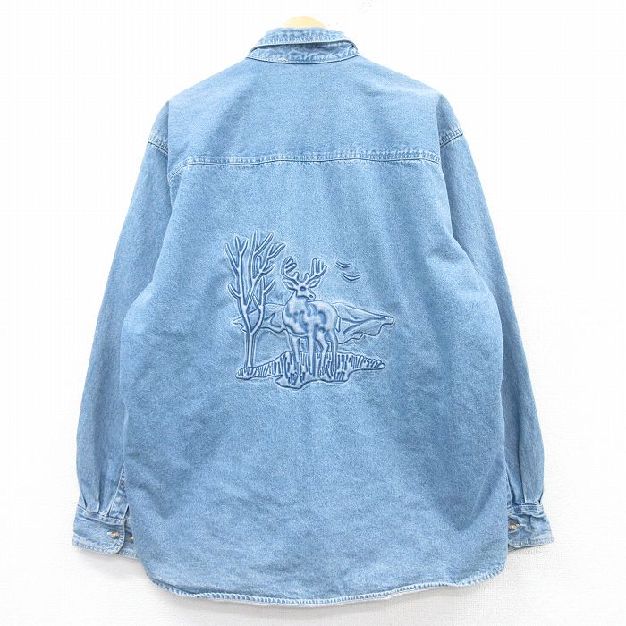 XL★古着 長袖 シャツ メンズ 00年代 00s シカ ロング丈 コットン ボタンダウン 紺 ネイビー デニム 【spe】 25feb26 中古 トップス