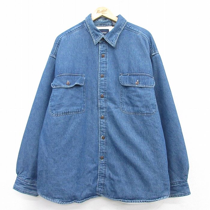 【50%OFF】XL★古着 ピューリタン 長袖 シャツ メンズ 00年代 00s 大きいサイズ ロング丈 コットン 紺 ネイビー デニム 内側フリース 25feb26 中古 トップス