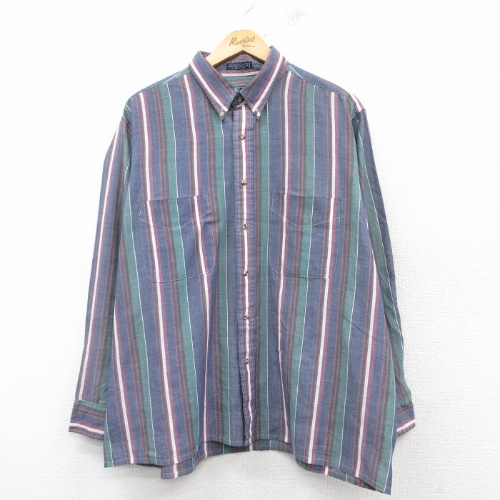 XL★古着 バンヒューセン 長袖 シャツ メンズ 90年代 90s 大きいサイズ ボタンダウン 紺他 ネイビー ストライプ 25feb26 中古 トップス