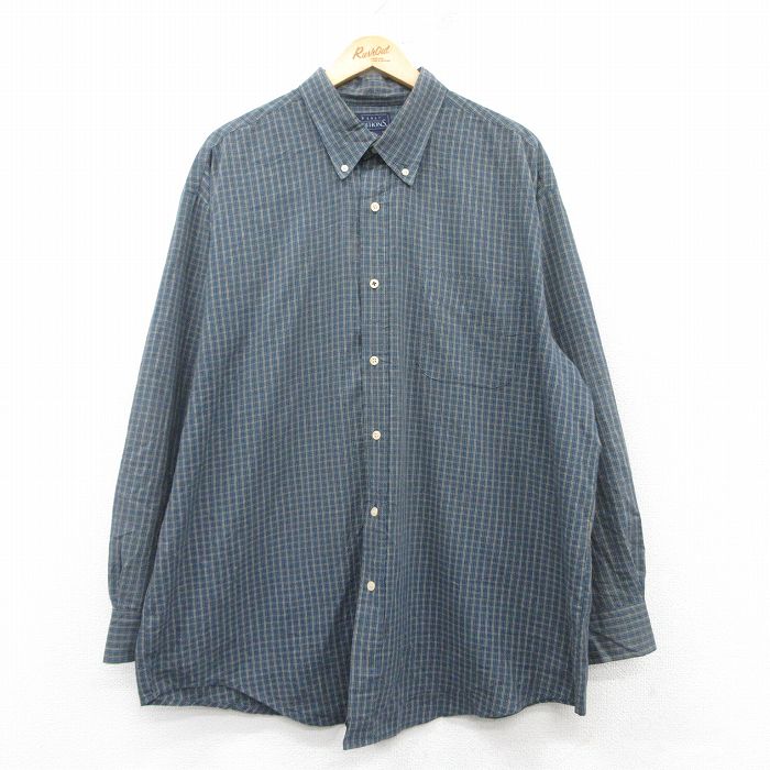 XL★古着 ベーシックエディションズ 長袖 シャツ メンズ 00年代 00s 大きいサイズ ロング丈 ボタンダウン 紺他 ネイビー チェック 25feb26 中古 トップス