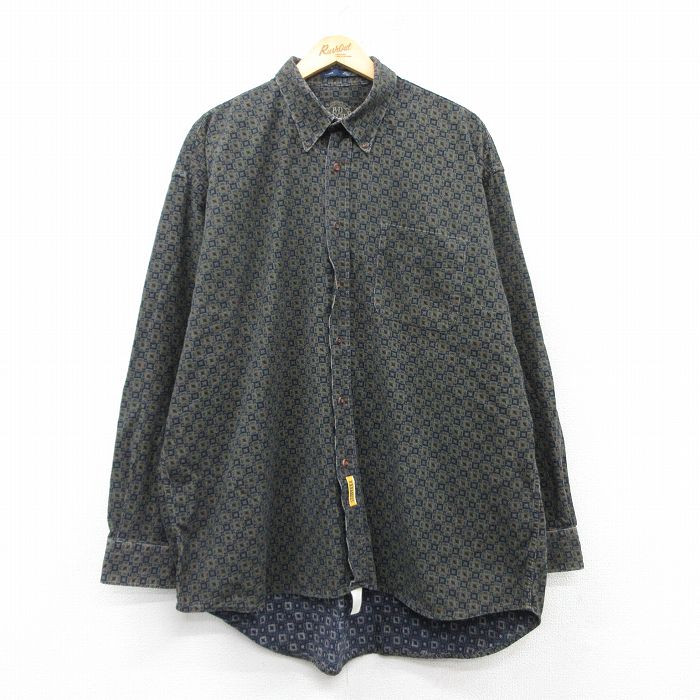 XL★古着 長袖 シャツ メンズ 総柄 コーデュロイ 大きいサイズ ロング丈 コットン ボタンダウン 紺他 ネイビー 25feb26 中古 トップス