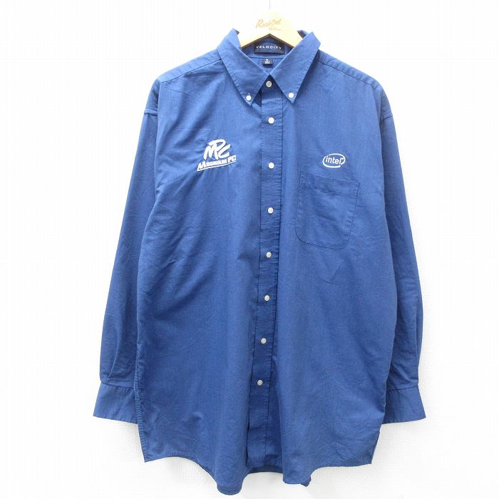 XL★古着 長袖 シャツ メンズ インテル 大きいサイズ ロング丈 ボタンダウン 紺 ネイビー 【spe】 25feb26 中古 トップス