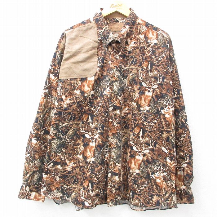 【50%OFF】XL★古着 長袖 シャツ メンズ シカ ヒジ当て 大きいサイズ コットン ボタンダウン 茶他 ブラウン 25feb26 中古 トップス