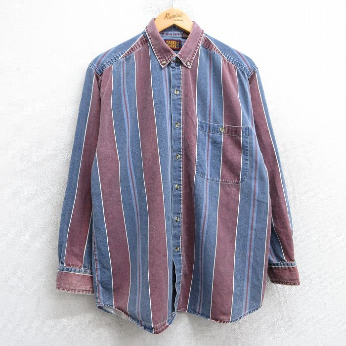 L★古着 FADED GLORY 長袖 シャツ メンズ 00年代 00s コットン ボタンダウン 薄紺他 ネイビー ストライプ 【spe】 25feb26 中古 トップス