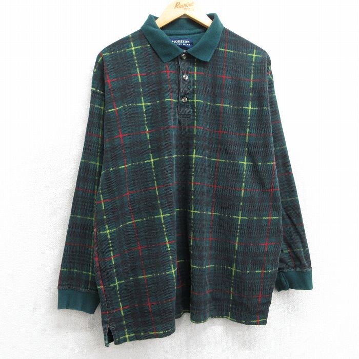 L★古着 長袖 ポロ シャツ メンズ 90年代 90s コットン 緑他 グリーン チェック 25feb26 中古 トップス
