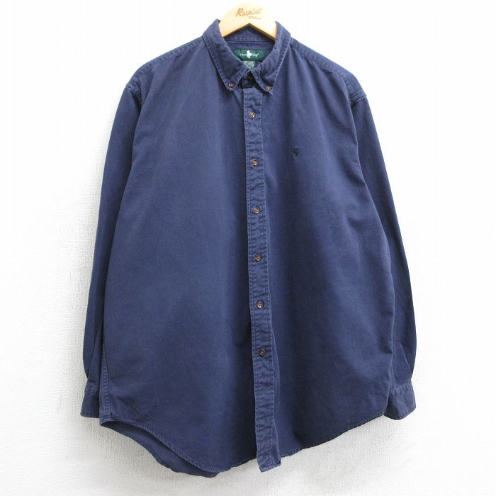 XL★古着 長袖 シャツ メンズ 90年代 90s ワンポイントロゴ 大きいサイズ ロング丈 コットン ボタンダウン 紺 ネイビー 25feb26 中古 トップス
