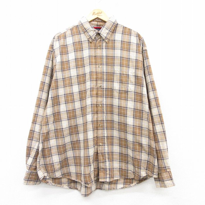 XL★古着 ラングラー Wrangler 長袖 シャツ メンズ 大きいサイズ コットン ボタンダウン 茶他 ブラウン チェック 25feb26 中古 トップス