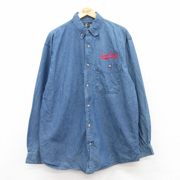 XL★古着 長袖 シャツ メンズ grand コットン ボタンダウン 紺 ネイビー デニム 25feb26 中古 トップス