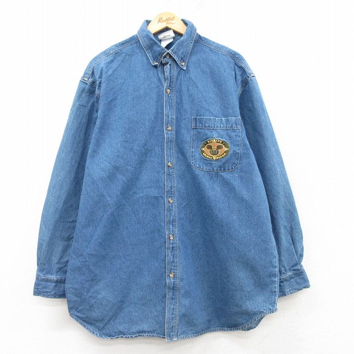 XL★古着 長袖 シャツ メンズ 00年代 00s ディズニー DISNEY アニマルキングダム 大きいサイズ ロング丈 コットン ボタンダウン 紺 ネイビー デニム 【spe】 25feb26 中古 トップス