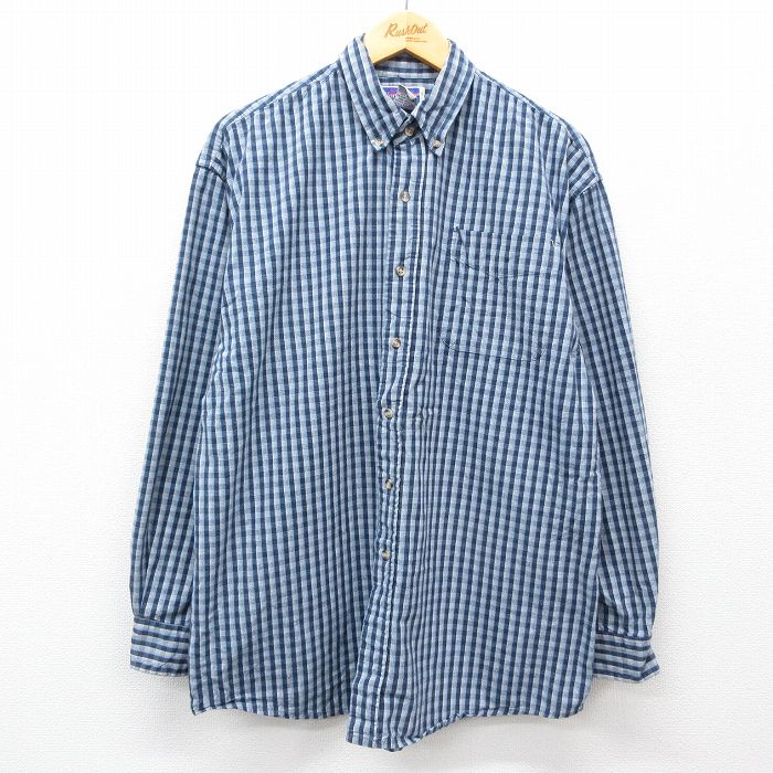 XL★古着 長袖 シャツ メンズ 00年代 00s コットン ボタンダウン 紺他 ネイビー チェック 25feb27 中古 トップス