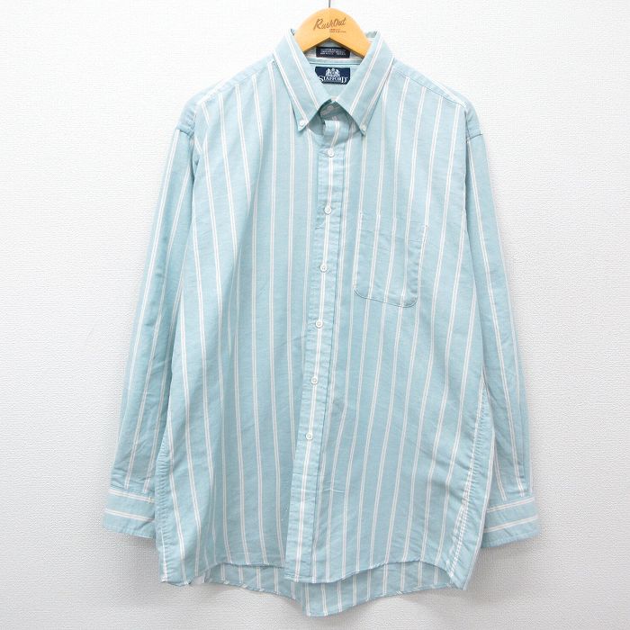 【50%OFF】XL★古着 長袖 シャツ メンズ 90年代 90s 大きいサイズ ロング丈 ボタンダウン 薄紺他 ネイビー ストライプ 25feb27 中古 トップス
