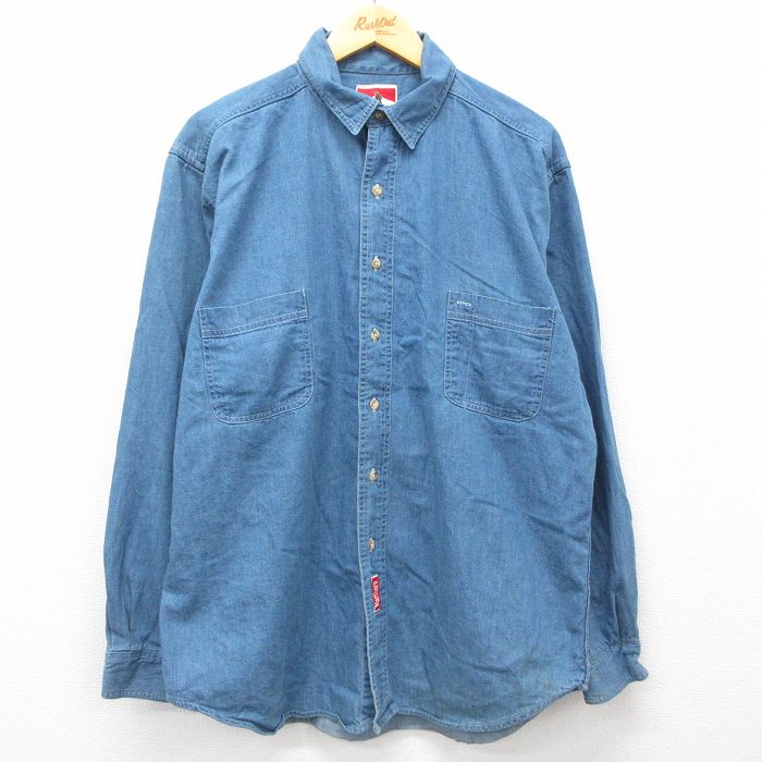 XL★古着 マルボロ 長袖 シャツ メンズ 90年代 90s ロング丈 コットン USA製 紺 ネイビー デニム 25feb27 中古 トップス