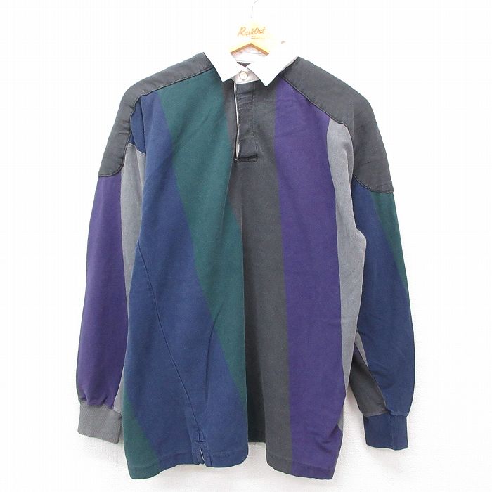 M★古着 長袖 ラガー シャツ メンズ 90年代 90s ヒジ当て コットン 緑他 グリーン ストライプ 25feb27 中古 トップス