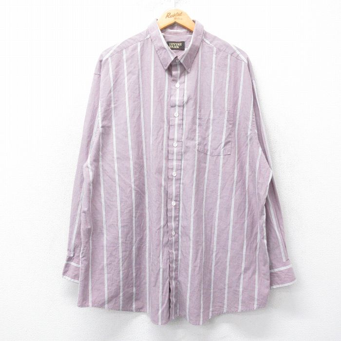 XL★古着 長袖 シャツ メンズ 90年代 90s 大きいサイズ ロング丈 USA製 紫系他 パープル ストライプ 25feb27 中古 トップス