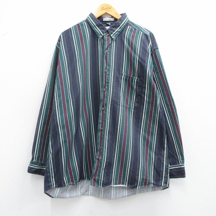 XL★古着 長袖 シャツ メンズ 00年代 00s 大きいサイズ コットン ボタンダウン 紺他 ネイビー ストライプ 25feb28 中古 トップス