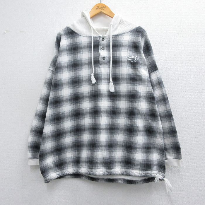 XL★古着 長袖 シャツ パーカー メンズ 90年代 90s 大きいサイズ コットン USA製 白他 ホワイト チェック 【spe】 25feb28 中古 トップス