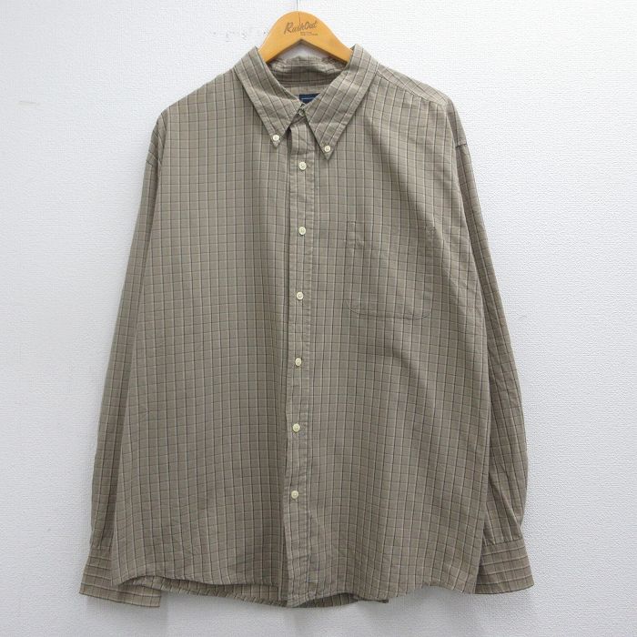 XL★古着 ベーシックエディションズ 長袖 シャツ メンズ 00年代 00s 大きいサイズ ボタンダウン ベージュ系他 カーキ チェック 25feb28 中古 トップス