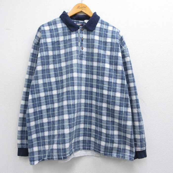 XL★古着 FADED GLORY 長袖 ポロ シャツ メンズ 大きいサイズ コットン 紺他 ネイビー チェック 25feb28 中古 トップス