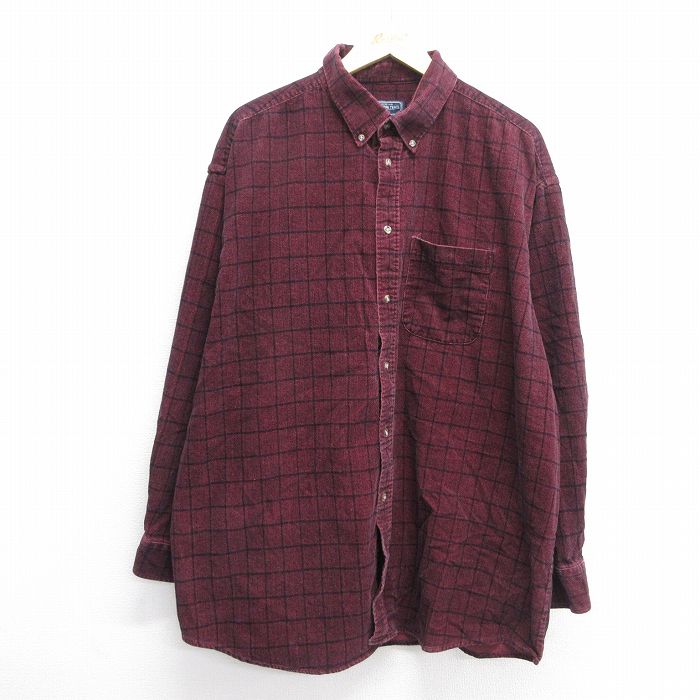 XL★古着 長袖 シャツ メンズ コーデュロイ 大きいサイズ ロング丈 コットン ボタンダウン エンジ他 チェック 25mar01 中古 トップス