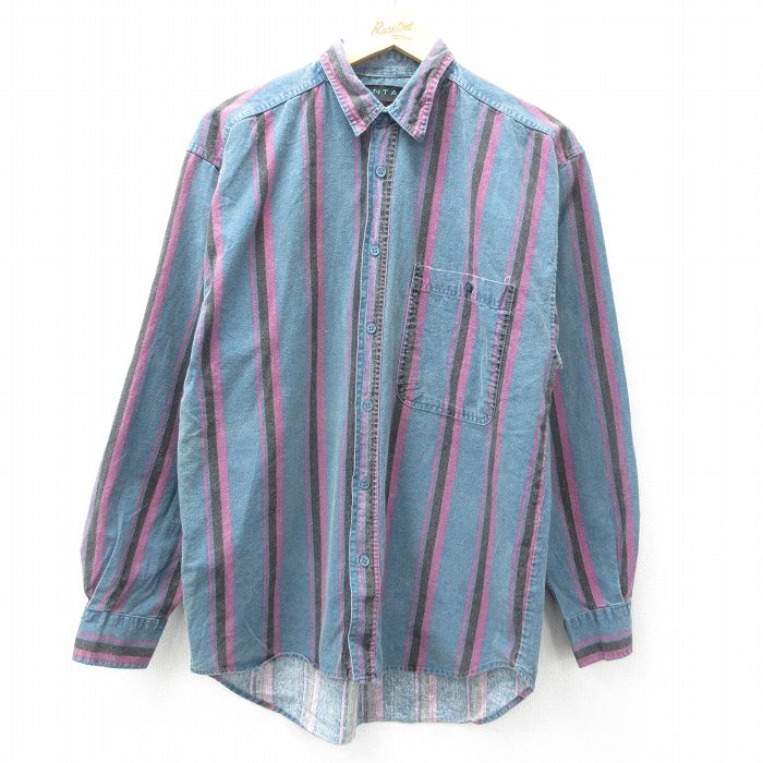 M★古着 長袖 シャツ メンズ 90年代 90s コットン 紺他 ネイビー ストライプ 25mar01 中古 トップス