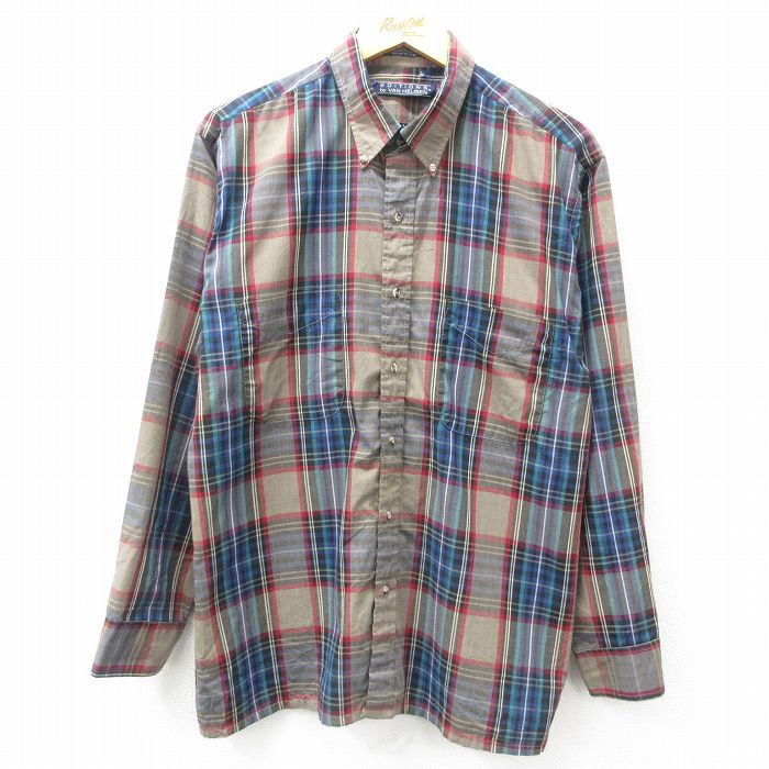 XL★古着 バンヒューセン 長袖 シャツ メンズ 90年代 90s ボタンダウン 茶他 ブラウン チェック 25mar01 中古 トップス