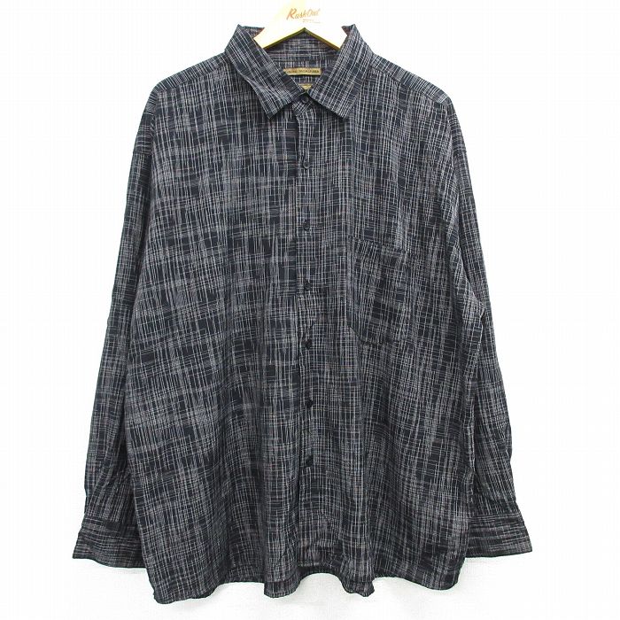 XL★古着 長袖 シャツ メンズ 大きいサイズ レーヨン 黒他 ブラック 【spe】 25mar03 中古 トップス