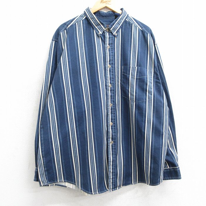 XL★古着 ルート66 長袖 シャツ メンズ 00年代 00s 大きいサイズ ロング丈 コットン ボタンダウン 紺他 ネイビー ストライプ 25mar04 中古 トップス