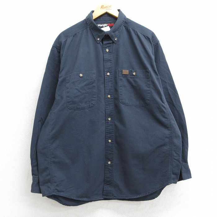 XL★古着 ラングラー Wrangler 長袖 シャツ メンズ 大きいサイズ コットン ボタンダウン 紺 ネイビー 25mar04 中古 トップス