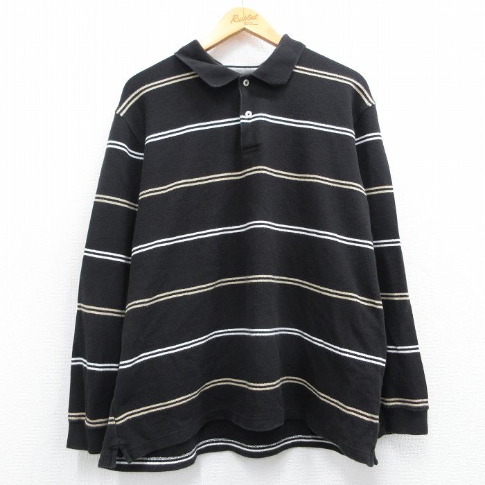 XL★古着 長袖 ポロ シャツ メンズ 鹿の子 コットン 黒他 ブラック ボーダー 25mar04 中古 トップス
